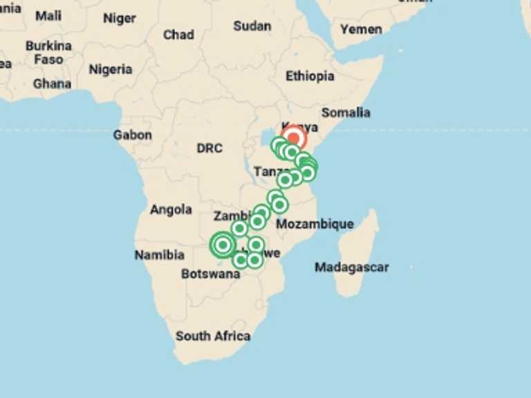 Map itinerary of Mikumi National Park Tour in July 2026 with 21 destination visits for the trip: Vic Falls to Kenya