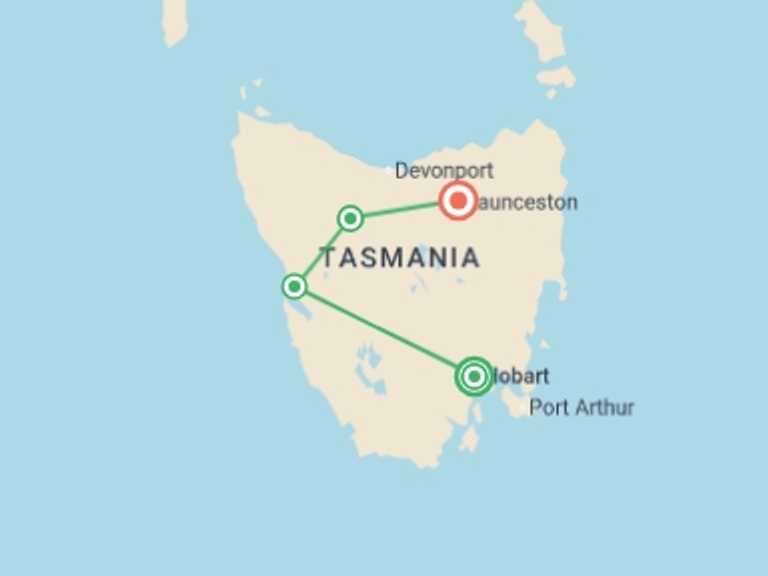 Map of Australia Tour with 4 destination visits for the trip: Tasmania's Wild Wonders