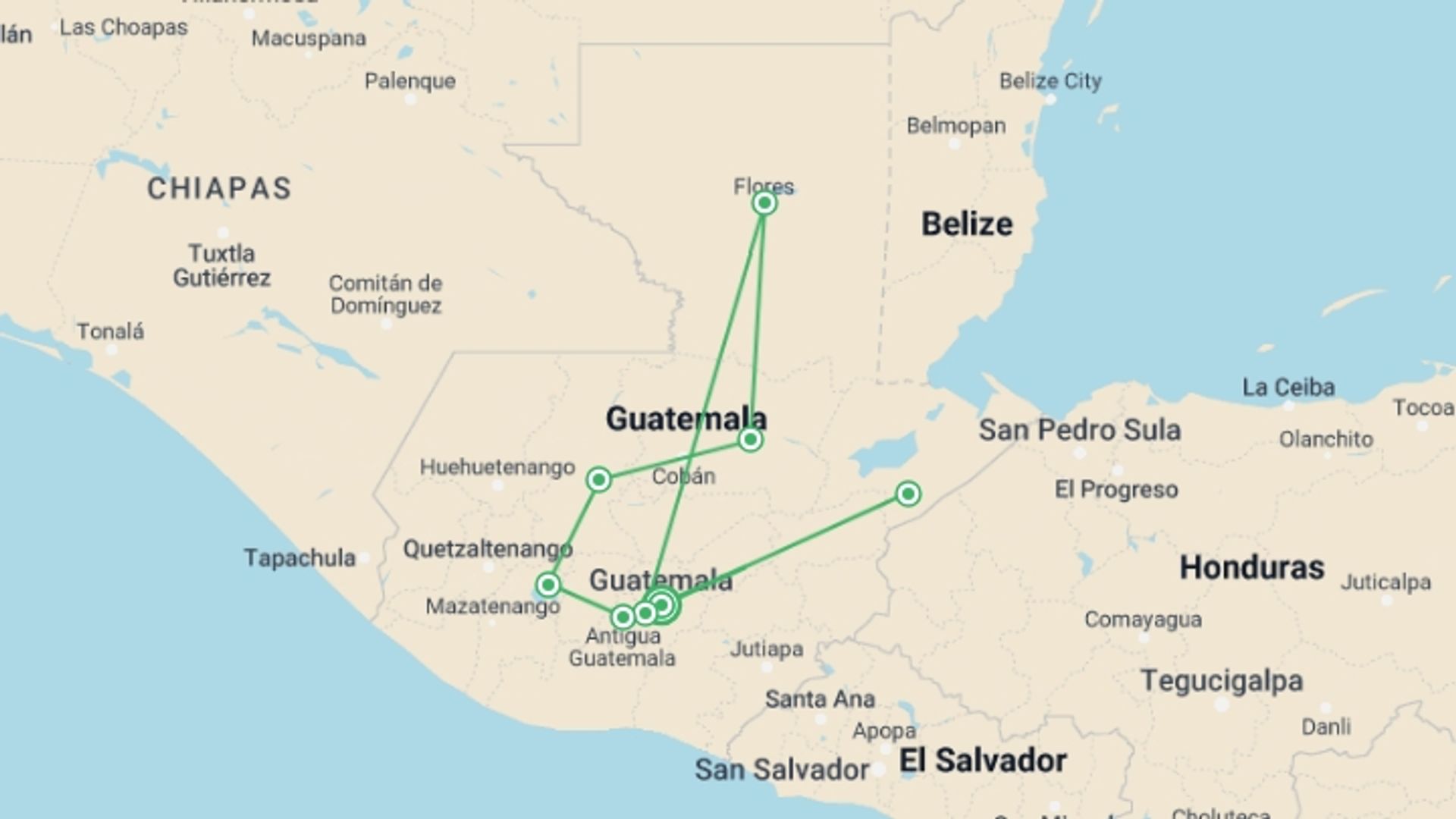 A map showing the tour itinerary for the trip: Guatemala Tour: A Colorful Adventure In Central America (9 Days), starting in Guatemala City, Guatemala and ending in Guatemala City, Guatemala going through 7 other destinations.
