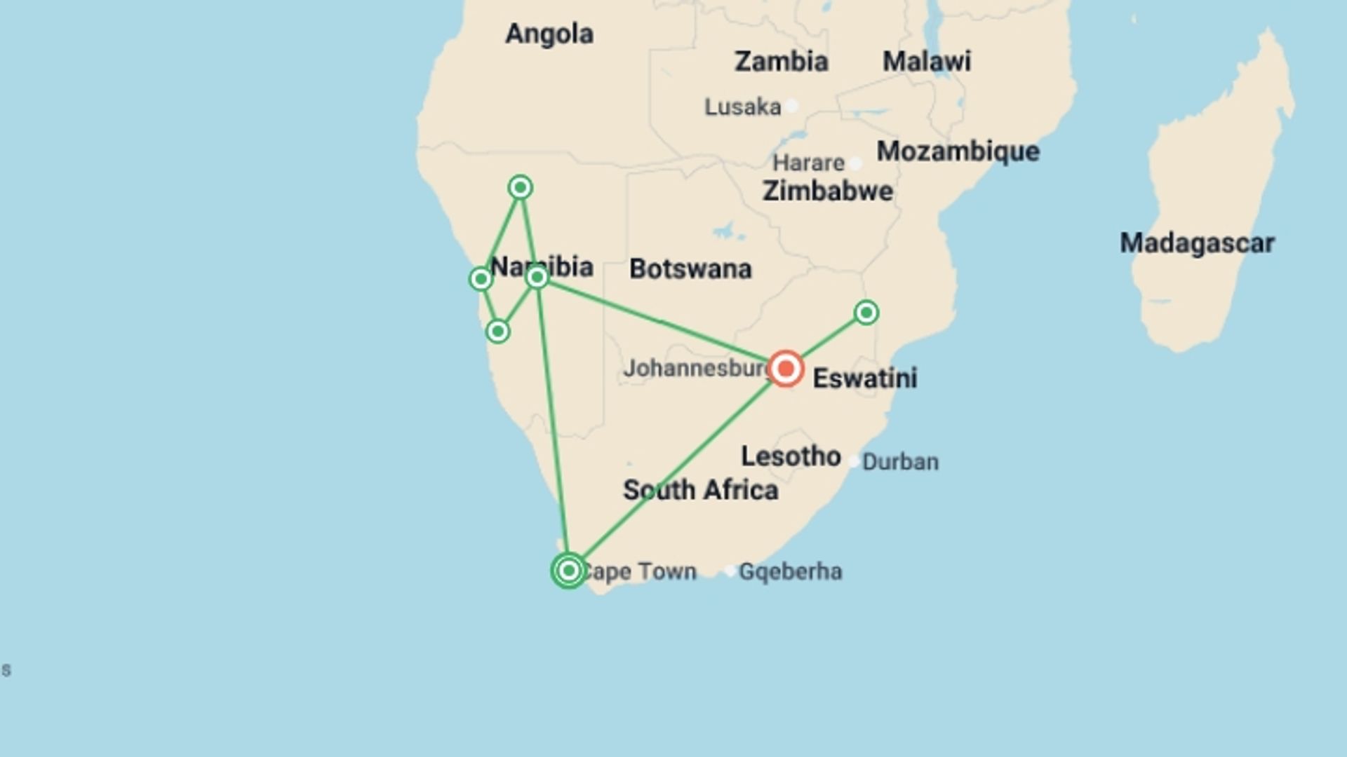 A map showing the tour itinerary for the trip: Namibia & South Africa: Epic Landscapes & Wildlife , starting in Cape Town, South Africa and ending in Johannesburg, South Africa going through 1 other destinations.