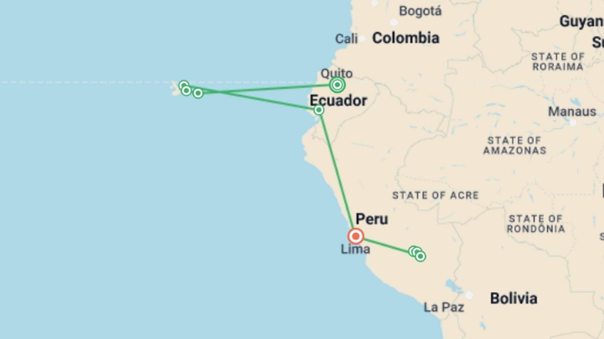 A map showing the tour itinerary for the trip: GalaPicchu Insiders 10 Days Tour, starting in Quito, Ecuador and ending in Lima, Peru going through 9 other destinations.