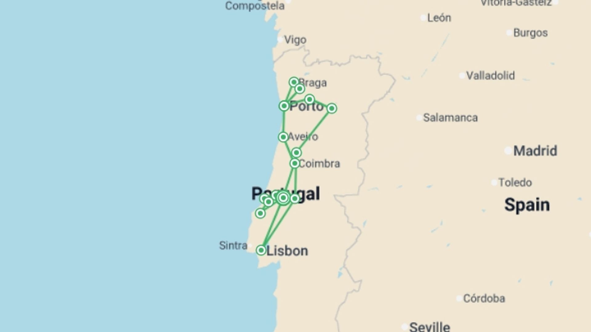 A map showing the tour itinerary for the trip: Northern Treasures Of Portugal, starting in undefined, Portugal and ending in undefined, Portugal going through 1 other destinations.