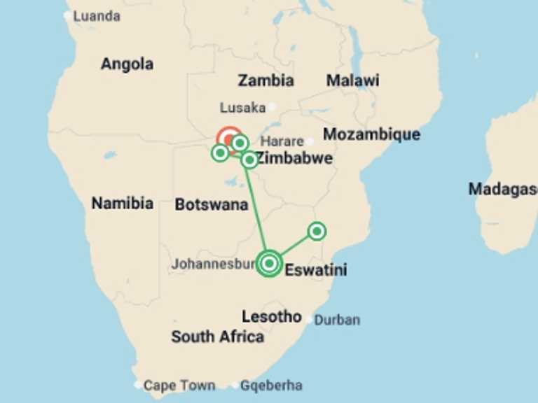 Map itinerary of Africa Tour in December 2026 with 6 destination visits for the trip: Southern Africa Safari: Kruger, Victoria Falls, Hwange & Chobe