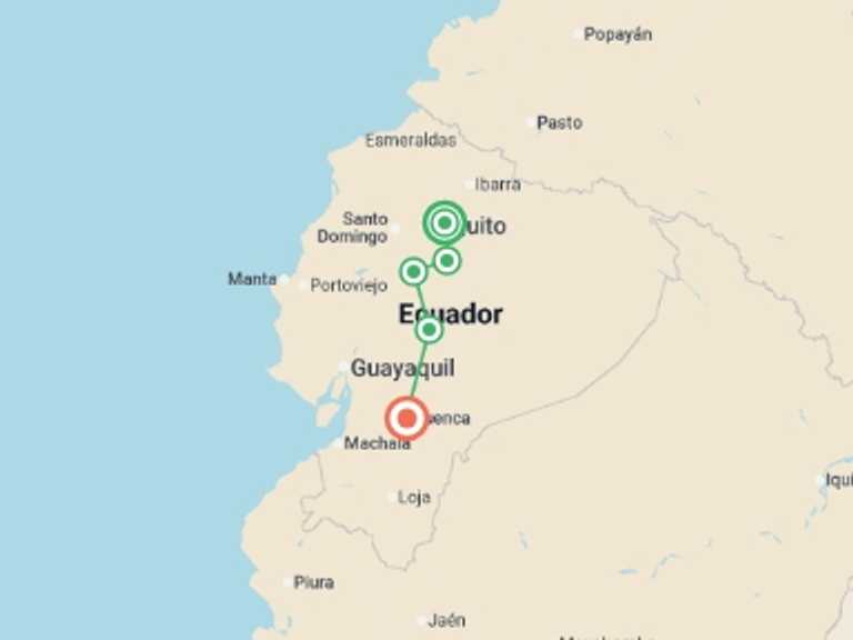 Map itinerary of South America Tour in March 2027 with 4 destination visits for the trip: 6-day Ecuador Highlands: Cotopaxi, Quilotoa, Ingapirca & Cuenca, Private Tour, French-speaking Guide