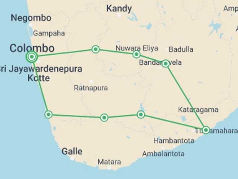 Map of Sri Lanka Tour with 5 destination visits for the trip: Sri Lanka Wildlife and Adventure Tour: 8 Days