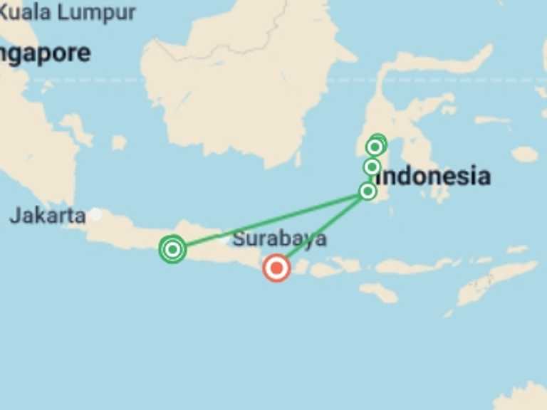 Map itinerary of Indonesia Tour in March 2026 with 5 destination visits for the trip: The Best Of Three Islands, Private Tour