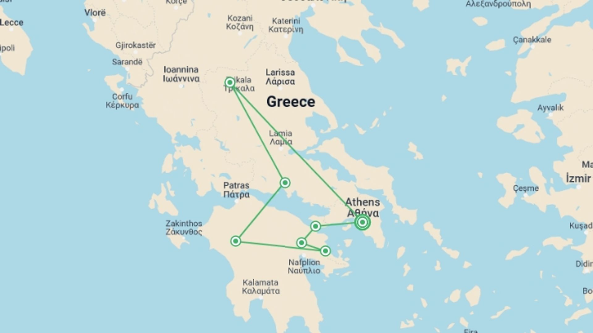 A map showing the tour itinerary for the trip: Classical Greece, Private Tour, starting in Athens, Greece and ending in Athens, Greece going through 3 other destinations.