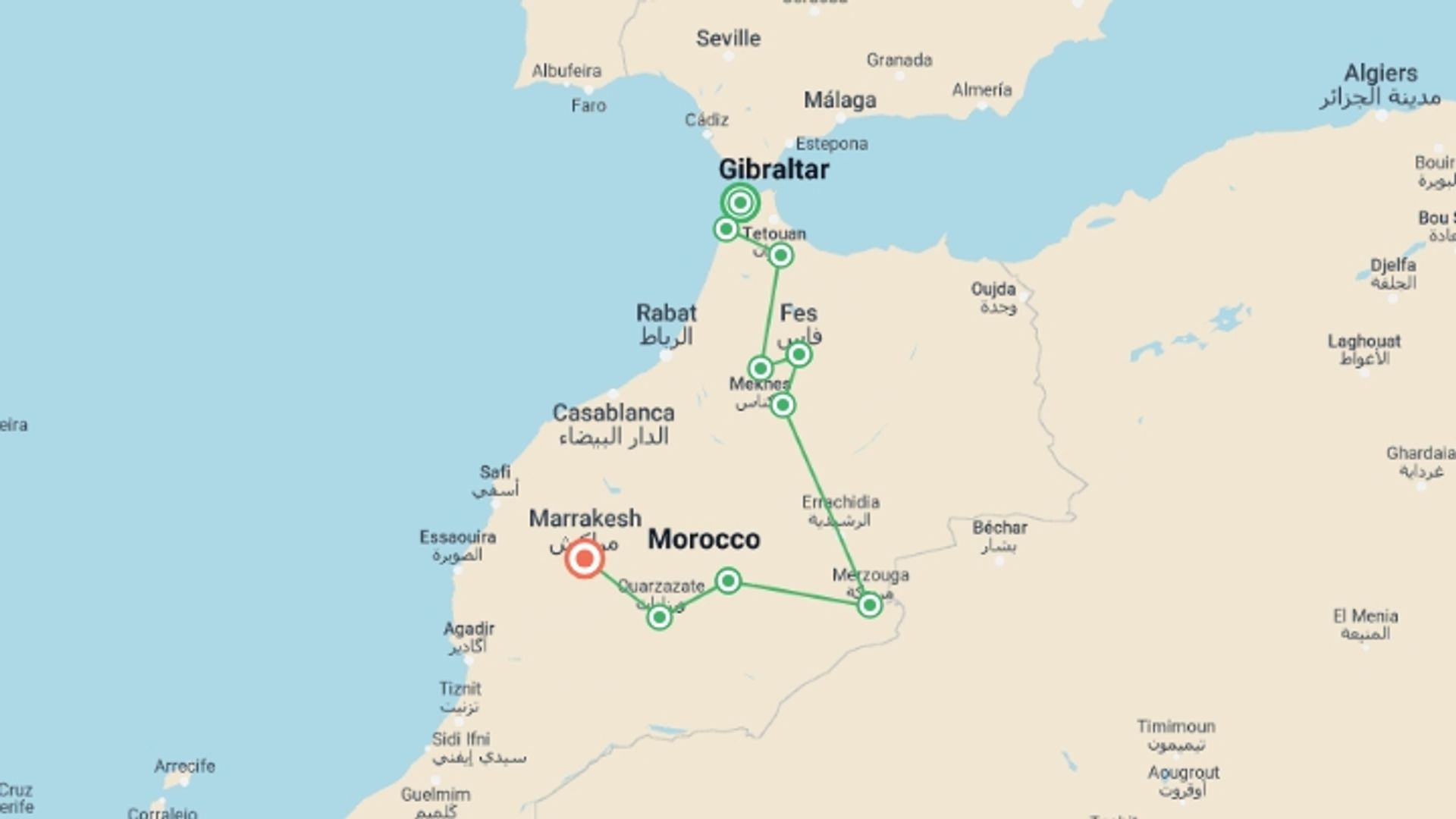 A map showing the tour itinerary for the trip: Morocco Adventure Tour from Tangier – 10 Days, starting in Tangier, Morocco and ending in Marrakesh, Morocco going through 7 other destinations.