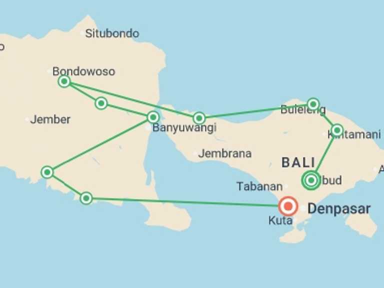 Map itinerary of Indonesia Tour in Summer with 10 destination visits for the trip: Cycling Indonesia's Islands