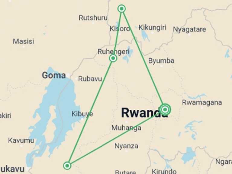 Map of a Gorilla and chimpanzee tracking Tour with 5 destination visits for the trip: Rwanda & Uganda Gorilla Trekking: Eight Days 
