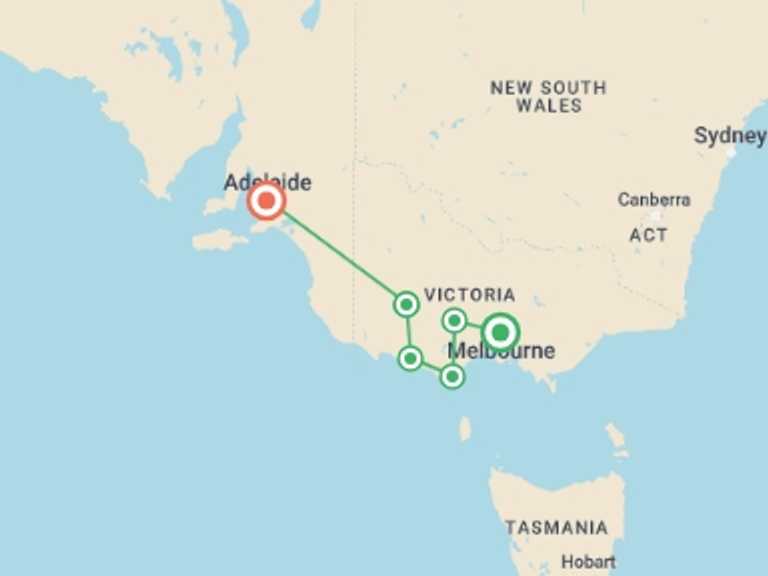 Map of Oceania Tour with 6 destination visits for the trip: Great Ocean Road & Grampians Adventure