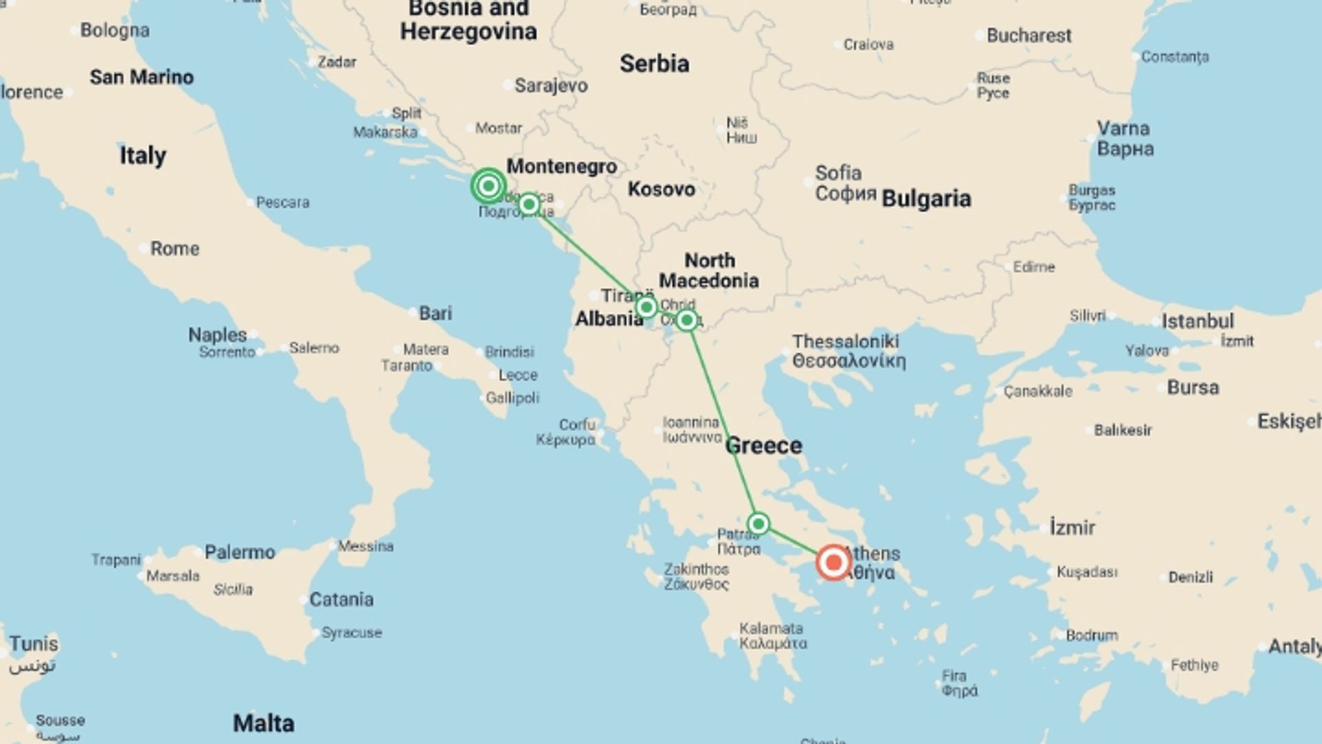A map showing the tour itinerary for the trip: Dubrovnik and Athens, starting in Dubrovnik, Croatia and ending in Athens, Greece going through 4 other destinations.