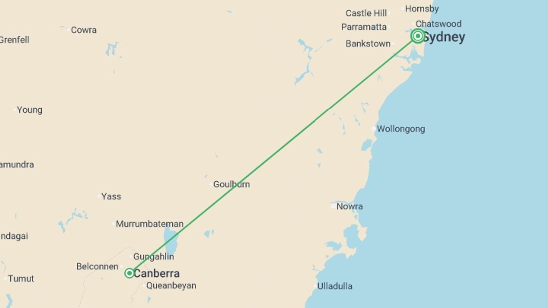 A map showing the tour itinerary for the trip: Capital Blooms, starting in Sydney, Australia and ending in Sydney, Australia going through 2 other destinations.