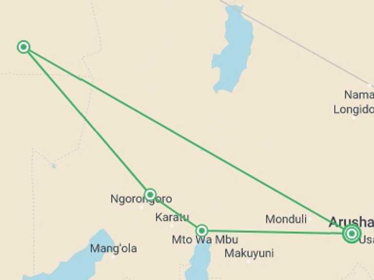 Map of 7-Day Ngorongoro Crater Tour with 4 destination visits for the trip: 6N/7D Real African Safari Experience
