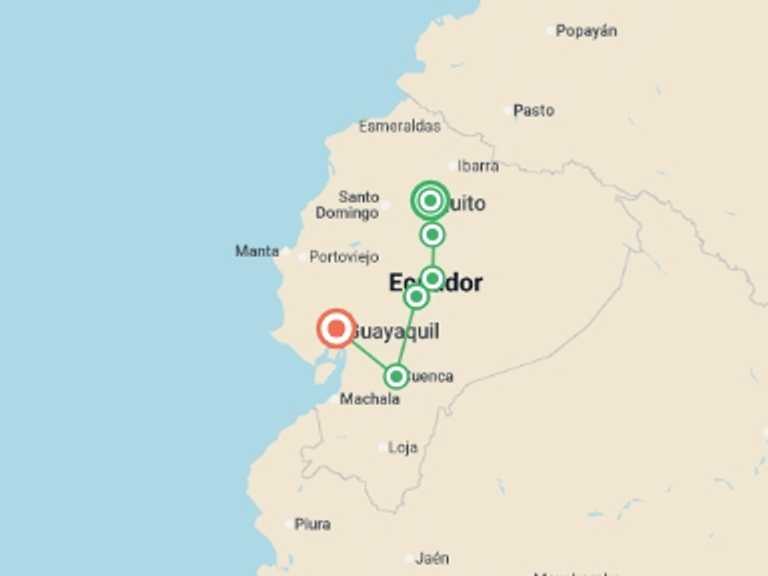 Map itinerary of Ecuador Tour in November 2025 with 6 destination visits for the trip: 8 Days Ecuadorian Andes & Coastal Escape: Cotopaxi, Quilotoa, Baños, Chimborazo, Ingapirca, Cajas & Guayaquil, Private Tour