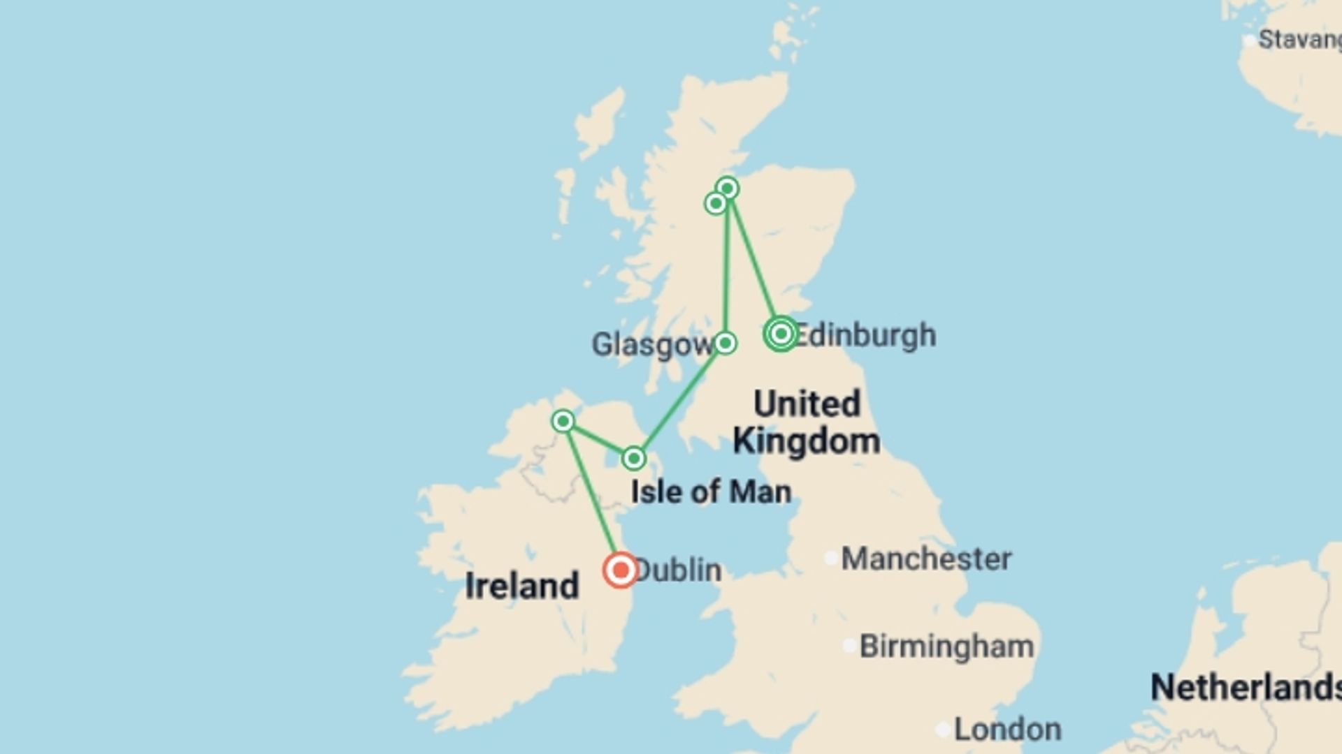 A map showing the tour itinerary for the trip: Exploring Scotland & Ireland , starting in Edinburgh, Scotland and ending in Dublin, Ireland going through 4 other destinations.