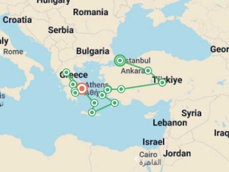 Map of Pamukkale Explorer Tour with 10 destination visits for the trip: Highlights of Turkey & Greece - 16 days