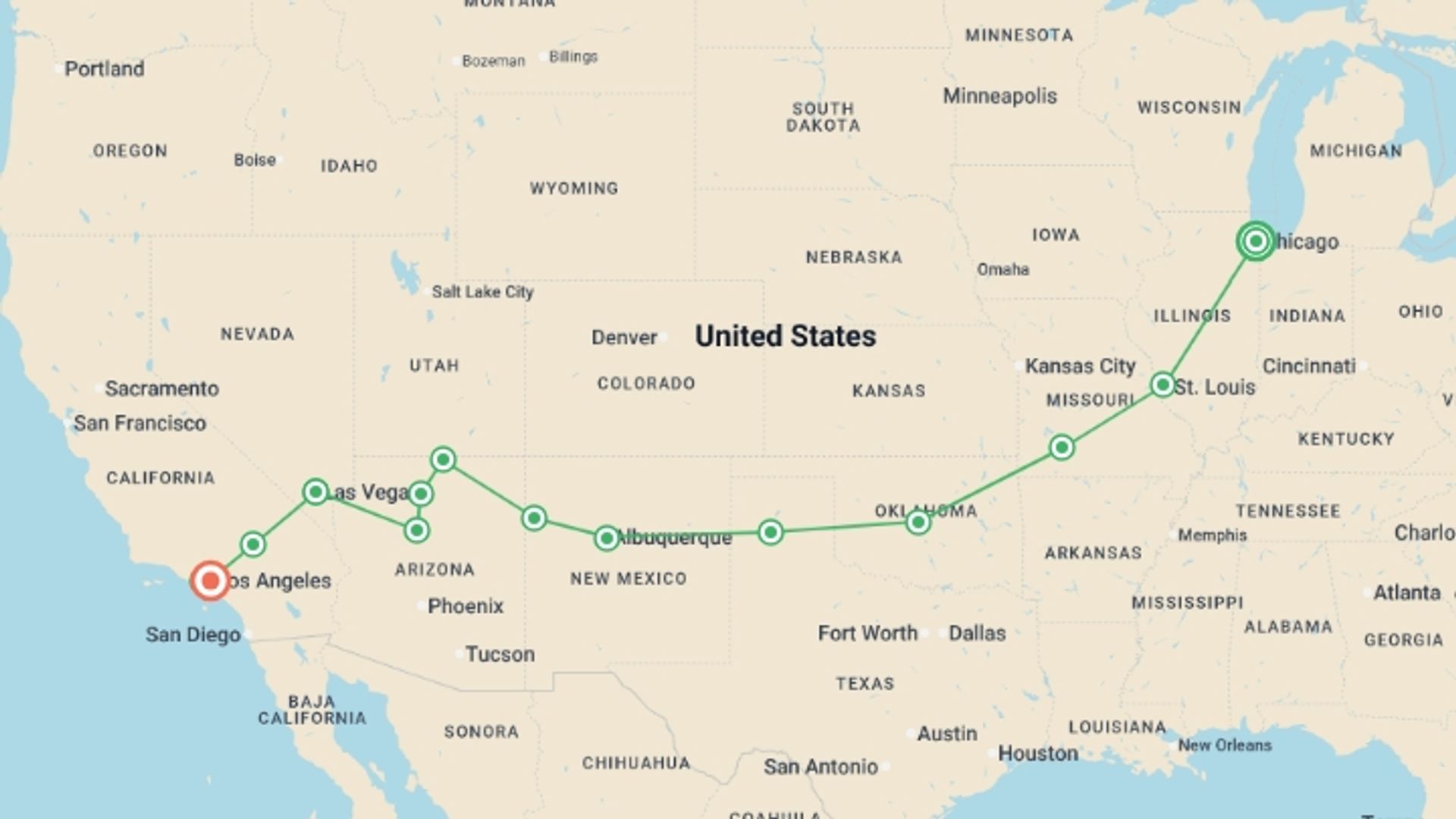 A map showing the tour itinerary for the trip: Chicago, Oklahoma to Las Vegas - 15 days , starting in Chicago, USA and ending in Los Angeles, USA going through 4 other destinations.