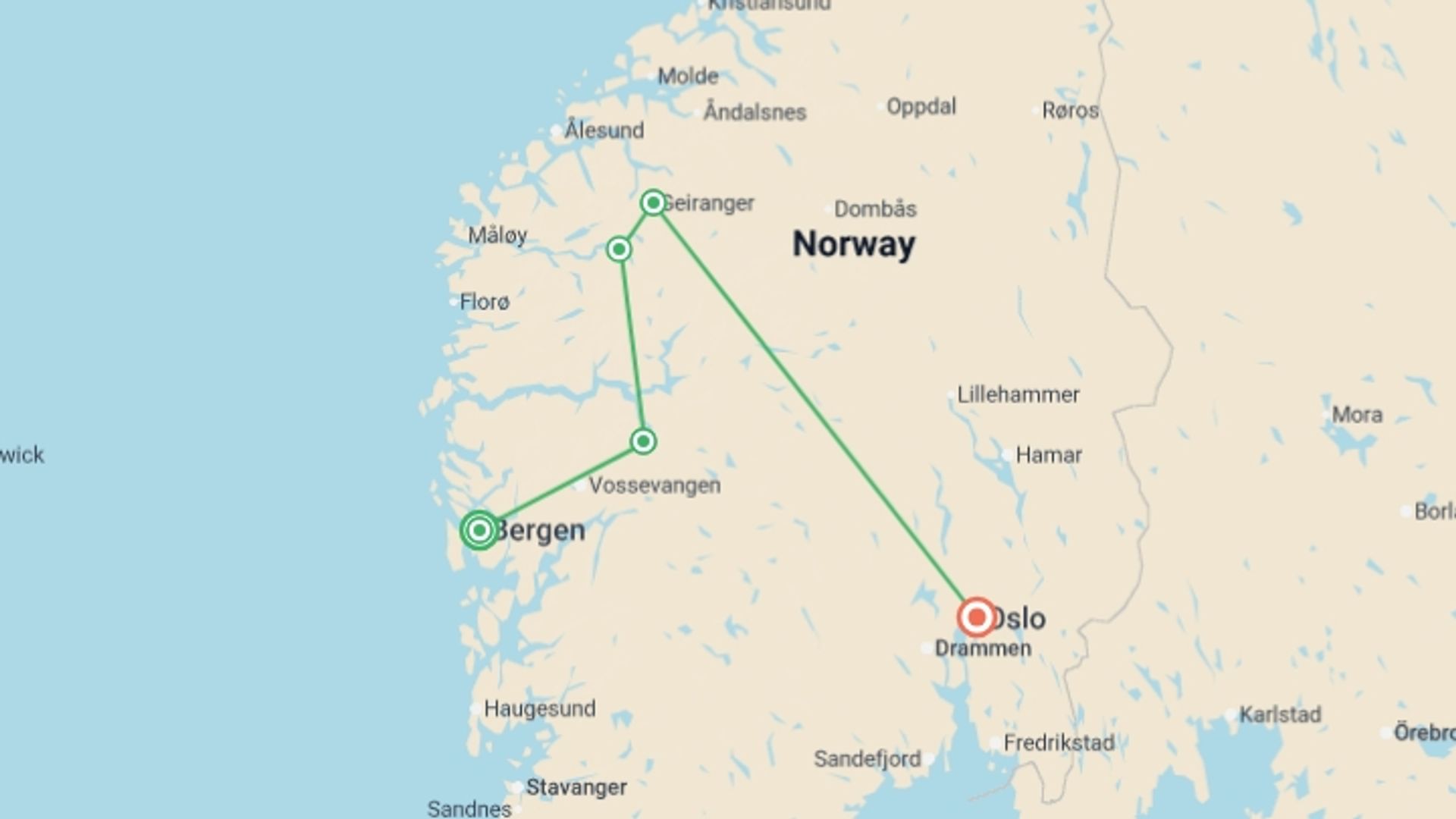 A map showing the tour itinerary for the trip: Signature: Norway's Fjords & Mountain Vistas, starting in Bergen, Norway and ending in Oslo, Norway going through 3 other destinations.