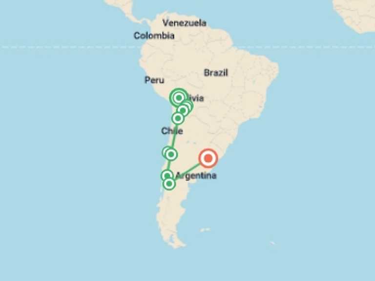 Map of a Explorer Tour with 11 destination visits for the trip: South America Highlights: Bolivia, Chile, & Argentina