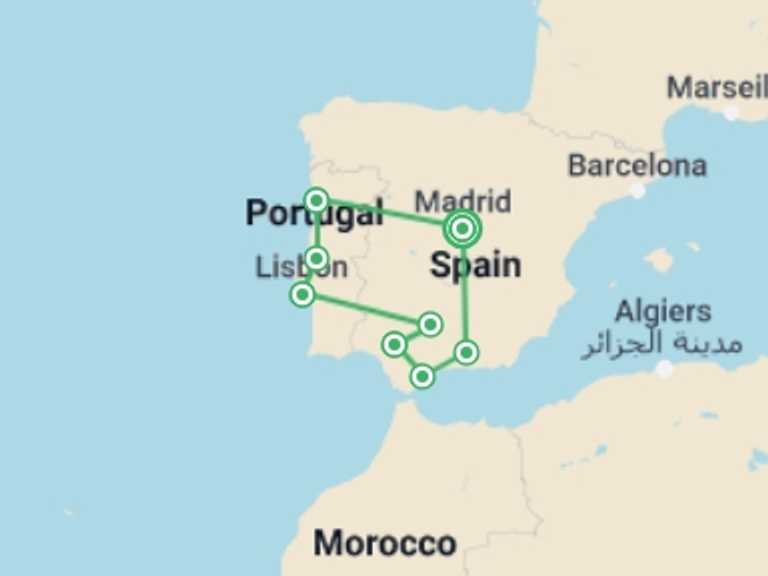 Map of Lisbon Cultural, religious and historic sites Tour with 8 destination visits for the trip: Treasures of Spain and Portugal