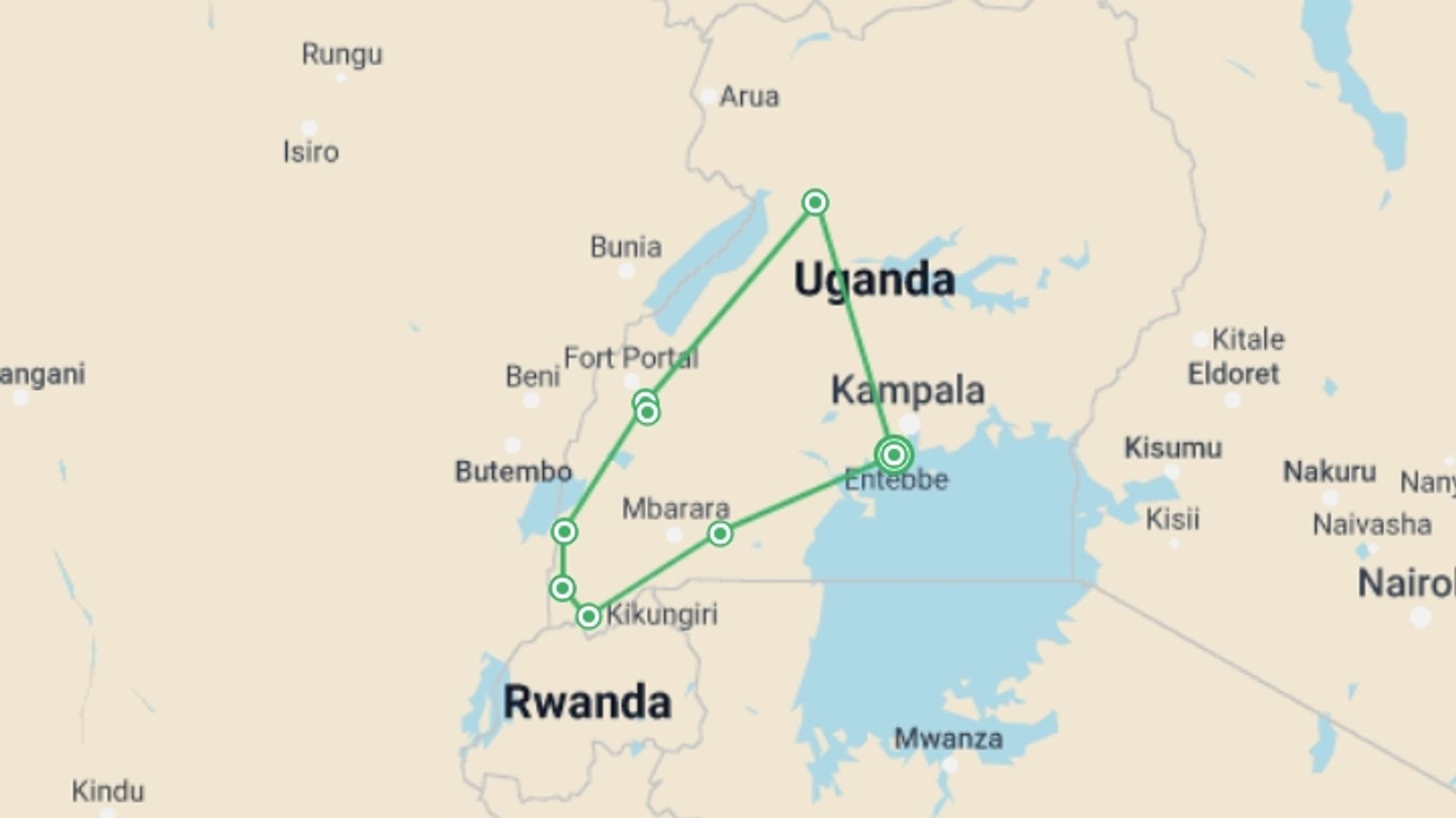 A map showing the tour itinerary for the trip: Twelve-Day Uganda Safari, starting in Entebbe, Uganda and ending in Entebbe, Uganda going through 6 other destinations.