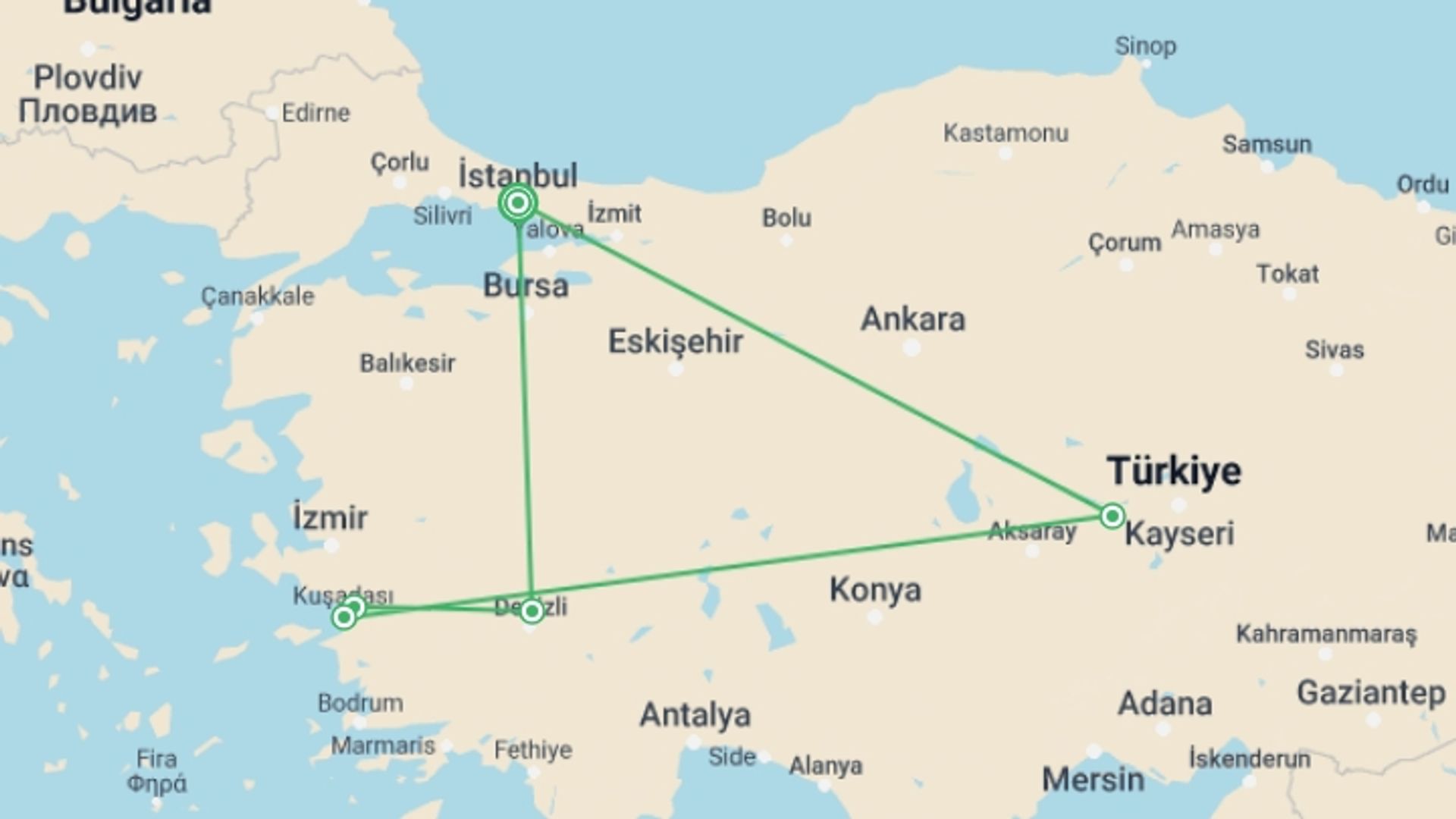 A map showing the tour itinerary for the trip: Turkey Experience Tour, starting in Istanbul, Turkey and ending in Istanbul, Turkey going through 4 other destinations.