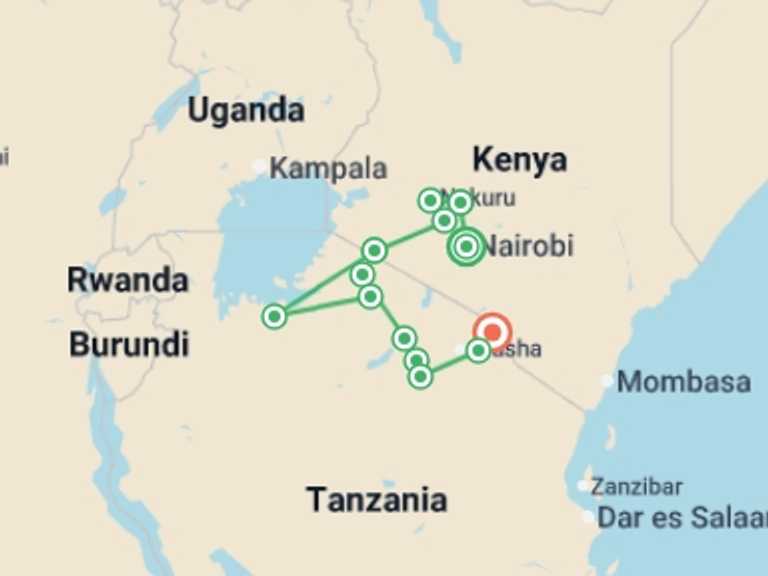 Map of Tarangire National Park Tour with 13 destination visits for the trip: Kenya & Tanzania Safari Adventure