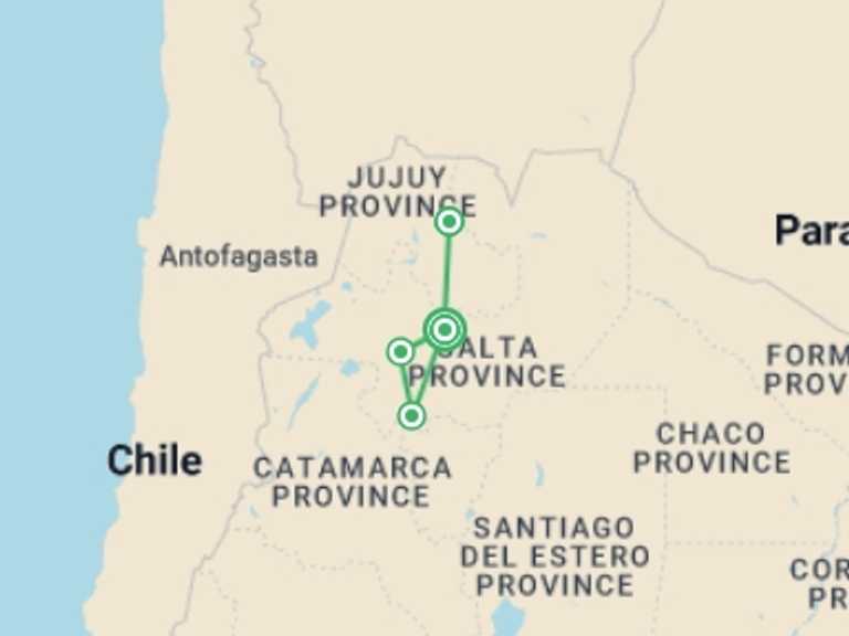 Map of Argentina Tour with 4 destination visits for the trip: Crossing Northwest Argentina's Valleys and Ravines