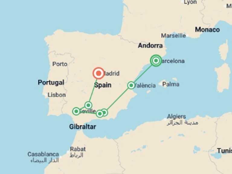 Map itinerary of Europe Tour in July 2026 with 5 destination visits for the trip: Highlights of Spain