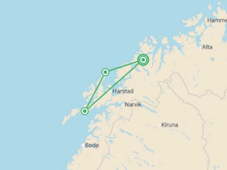 Map of 7-Day Europe Tour with 3 destination visits for the trip: Highlights of Tromso & Lofoten - 7 days
