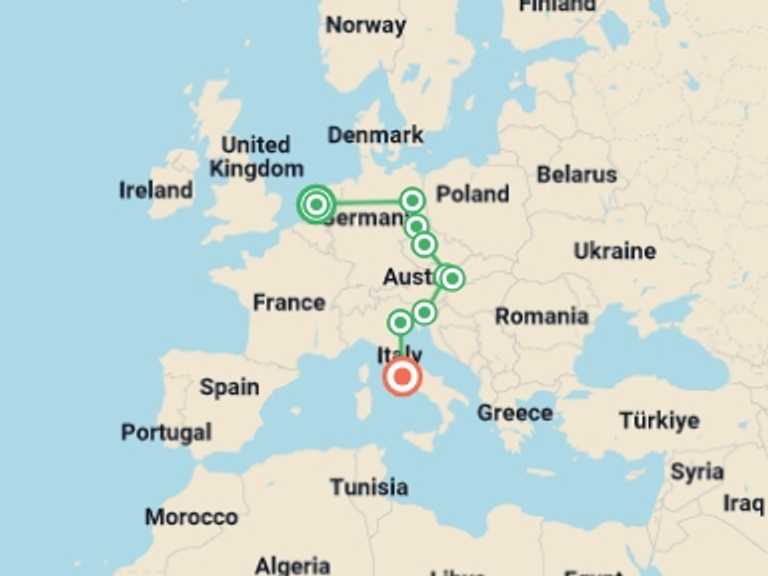 Map itinerary of Mediterranean Tour in June 2026 with 6 destination visits for the trip: Eastern Adventure