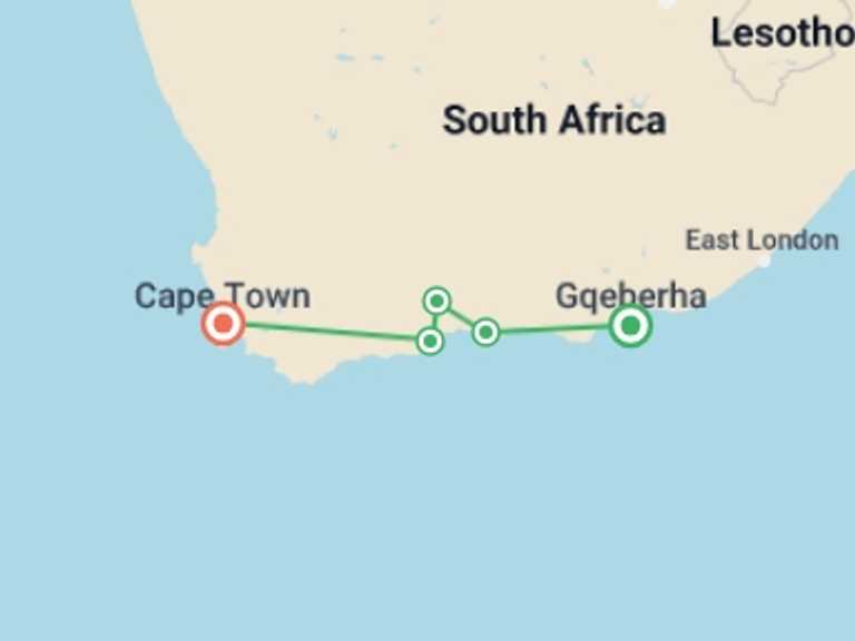 Map itinerary of Cape Town Tour in Fall with 5 destination visits for the trip: 4-day Port Elizabeth to Cape Garden Route Accommodated
