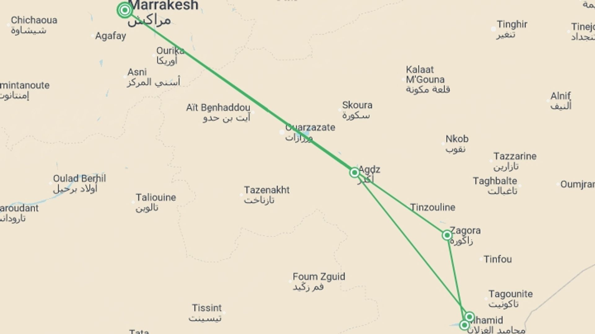 A map showing the tour itinerary for the trip: Oasis & Desert, 2 Days, Private Tour, starting in Erg Lihoudi, Morocco and ending in Erg Lihoudi, Morocco going through 1 other destinations.