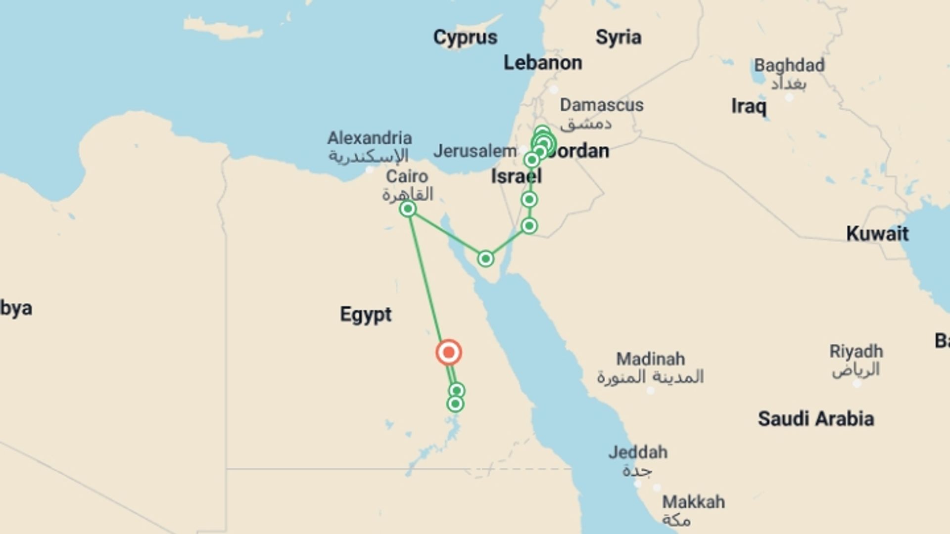 A map showing the tour itinerary for the trip: Magical Jordan and Beauties of the Nile, starting in Amman, Jordan and ending in Luxor, Egypt going through 6 other destinations.