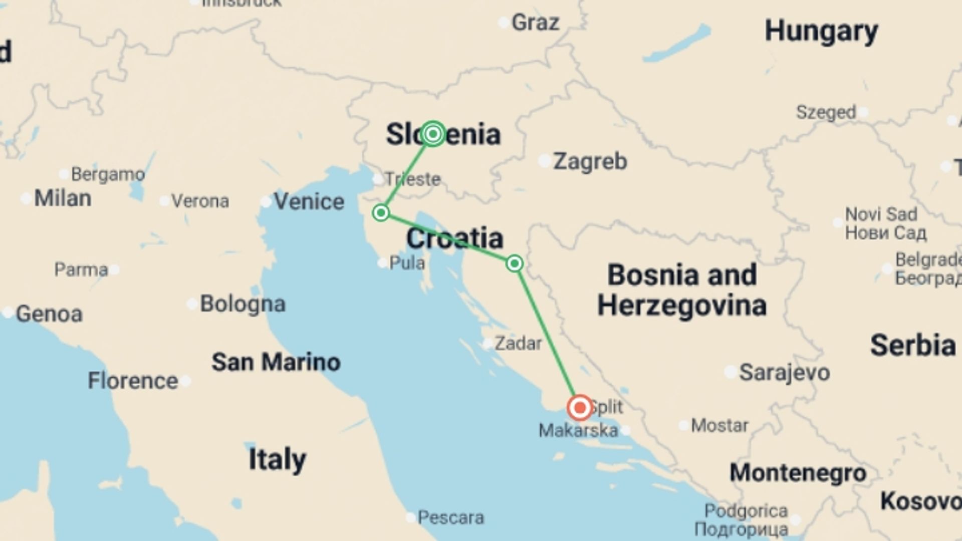 A map showing the tour itinerary for the trip: Croatia & Slovenia Real Food Adventure, starting in Ljubljana, Slovenia and ending in Split, Croatia going through 3 other destinations.