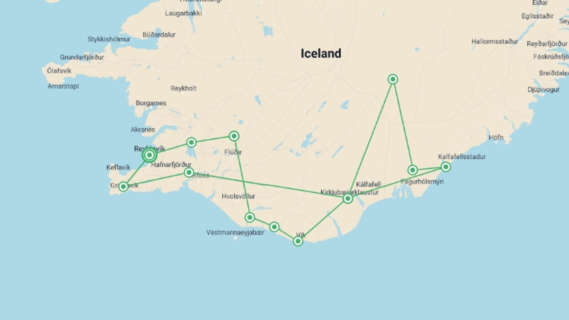 A map showing the tour itinerary for the trip: Northern Lights Hunter, starting in Reykjavik, Iceland and ending in Hveragerdi, Hveragerdi going through 4 other destinations.