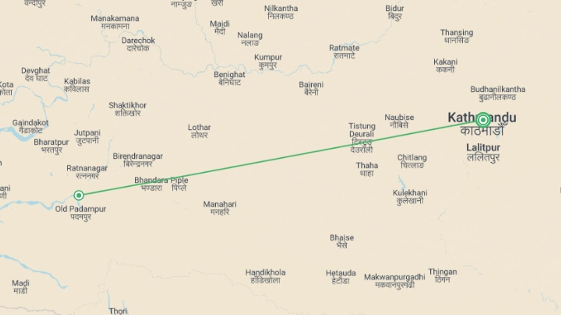 A map showing the tour itinerary for the trip: Kathmandu & Chitwan NP - 6 days, starting in Kathmandu, Nepal and ending in Kathmandu, Nepal going through 1 other destinations.