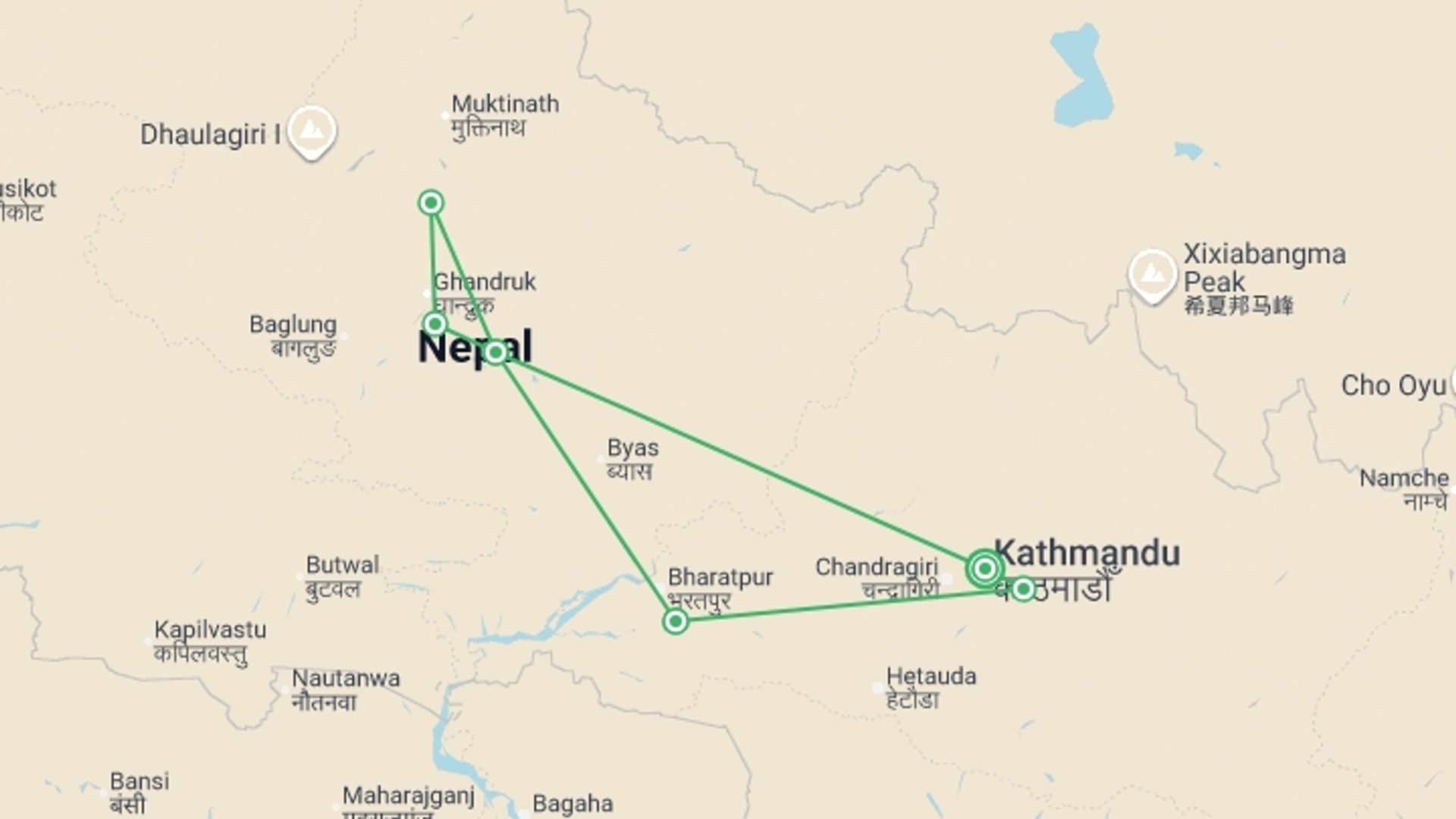 A map showing the tour itinerary for the trip: Nepal: Annapurna Hiking & Chitwan National Park, starting in Kathmandu, Nepal and ending in Kathmandu, Nepal going through 5 other destinations.