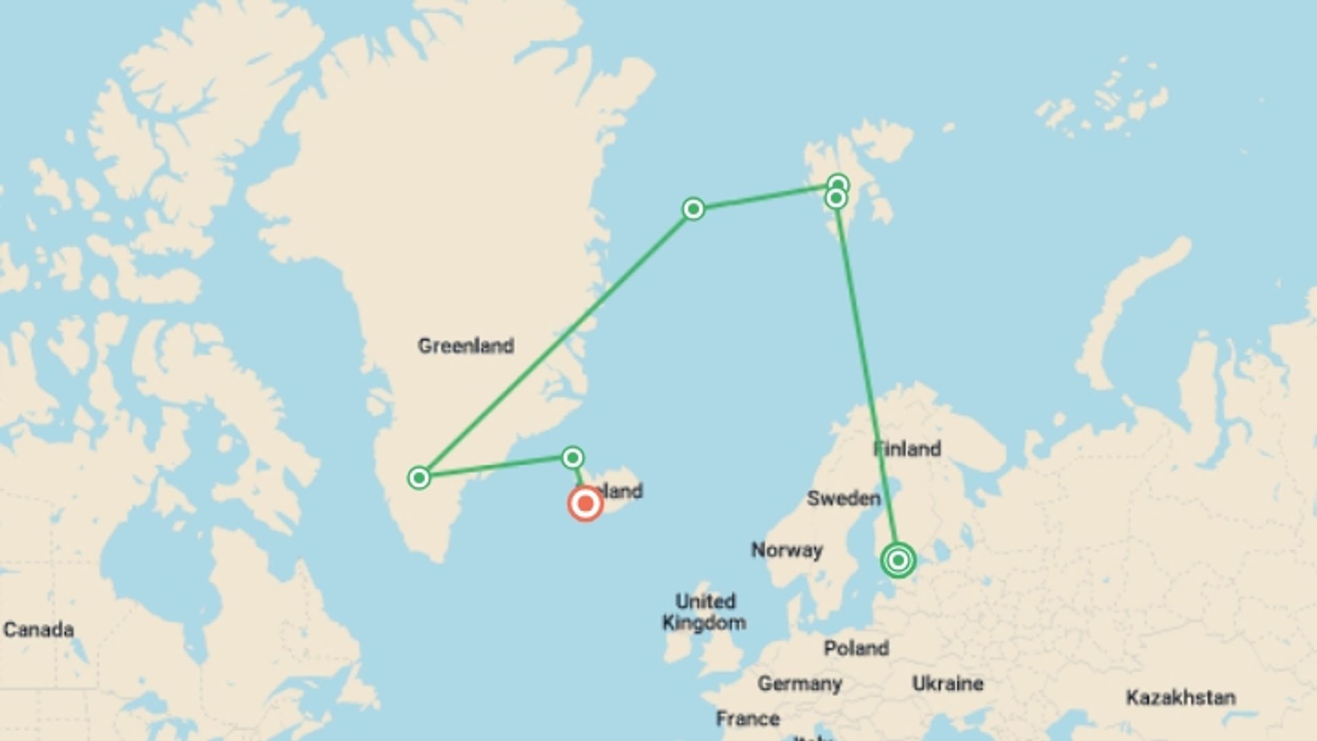 A map showing the tour itinerary for the trip: Three Arctic Islands: Iceland, Greenland, Spitsbergen, starting in Helsinki, Finland and ending in Reykjavik, Iceland going through 5 other destinations.