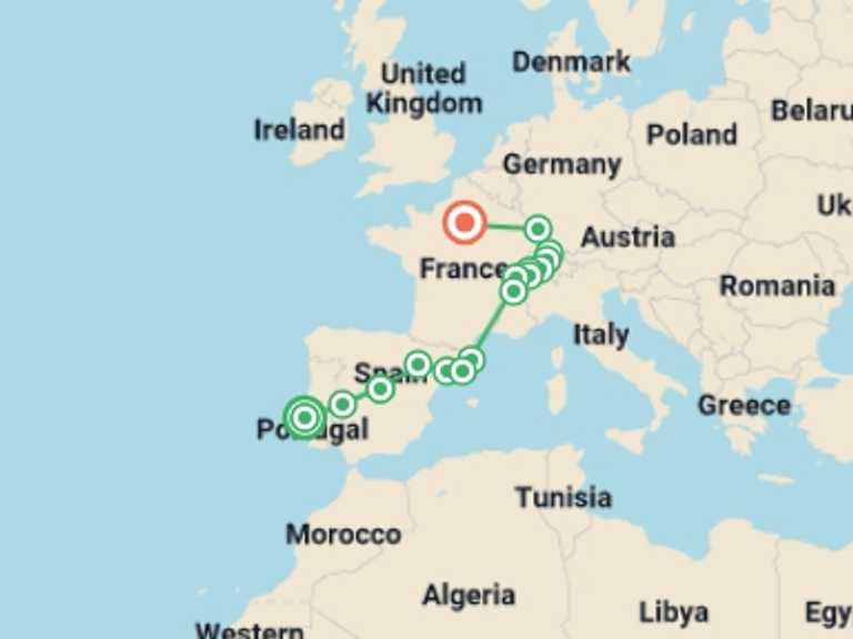 Map of France and Spain Tour with 8 destination visits for the trip: Portugal, Spain, Switzerland and France