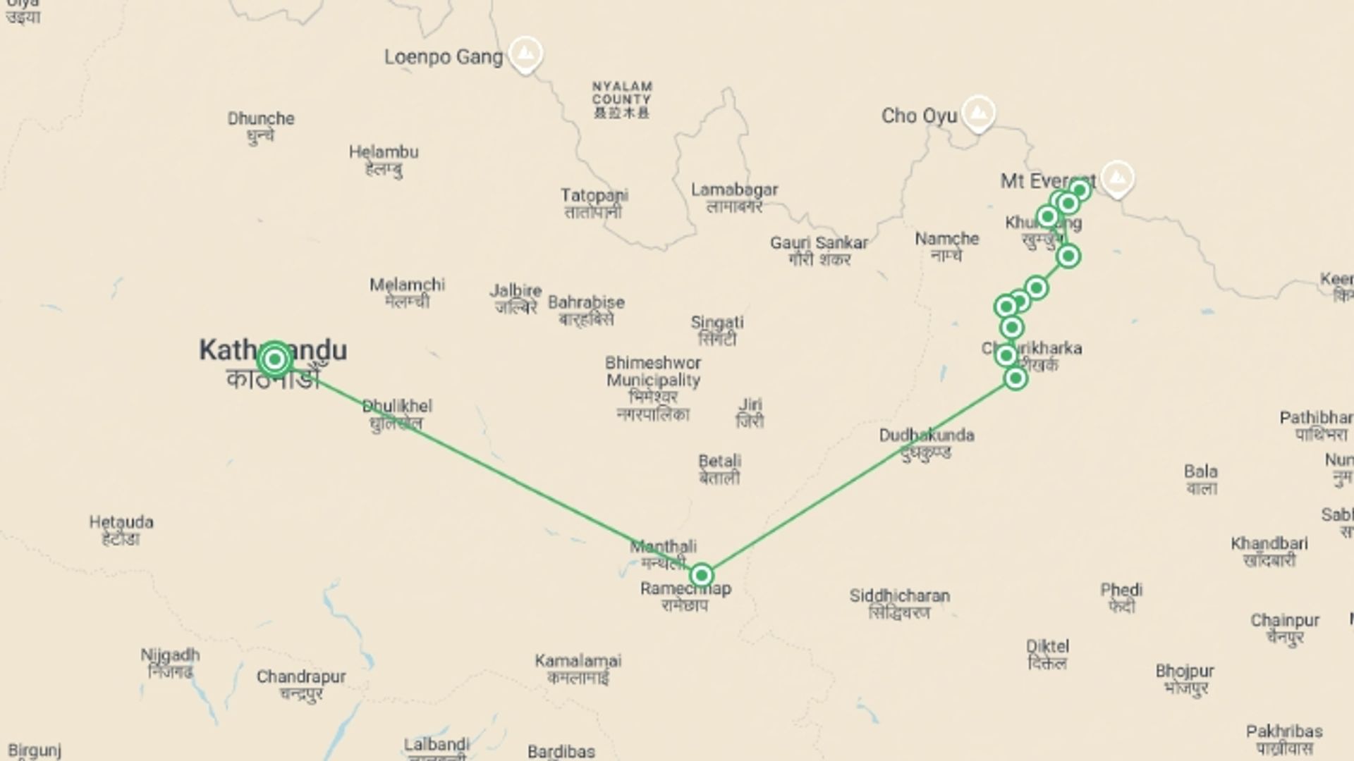 A map showing the tour itinerary for the trip: Everest Base Camp Trek in Comfort, starting in Kathmandu, Nepal and ending in Kathmandu, Nepal going through 11 other destinations.