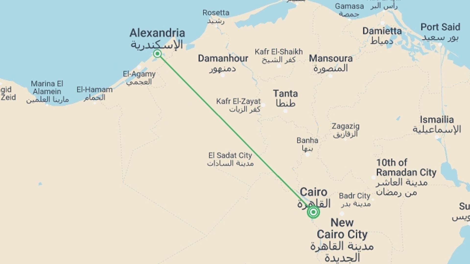 A map showing the tour itinerary for the trip: Cairo And Alexandria Tour, starting in Cairo, Egypt and ending in Cairo, Egypt going through 2 other destinations.