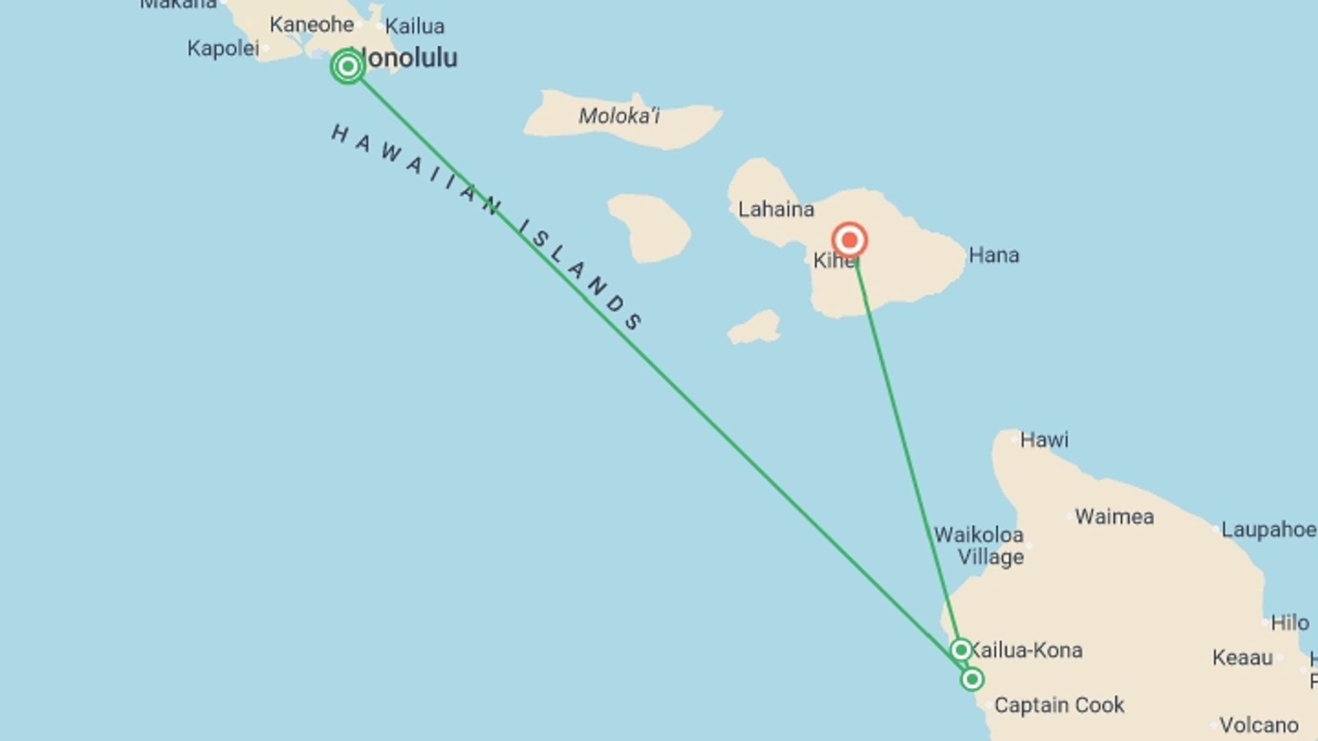 A map showing the tour itinerary for the trip: Best of Hawaii, starting in Waikiki, USA and ending in Maui, USA going through 3 other destinations.