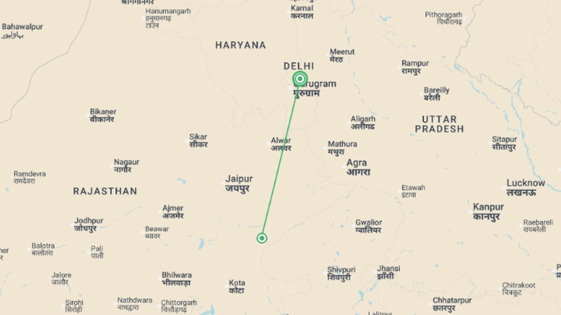 A map showing the tour itinerary for the trip: Ranthambore Wildlife Extension, starting in New Delhi, India and ending in New Delhi, India going through 2 other destinations.