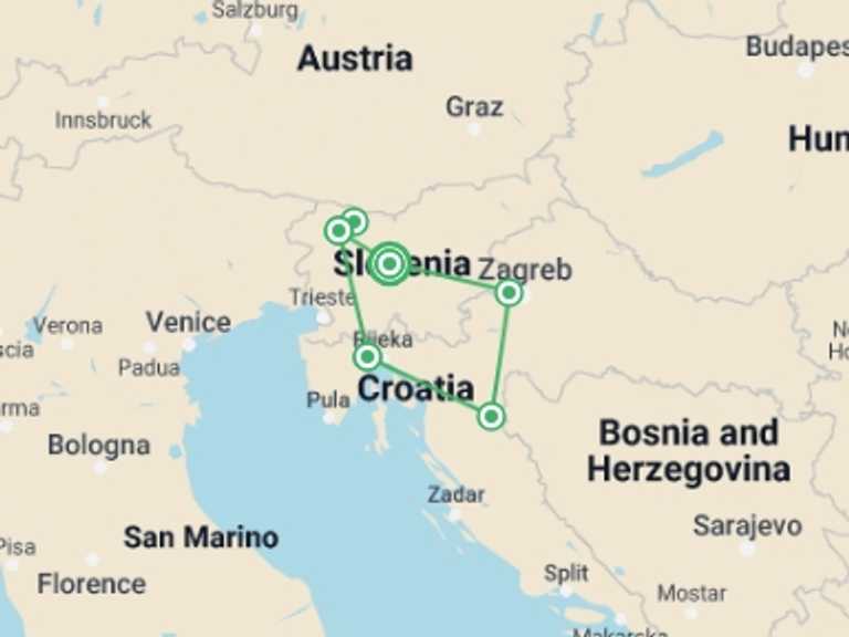 Map itinerary of Slovenia Tour in June 2026 with 4 destination visits for the trip: Natural Wonders of Croatia & Slovenia Small Group