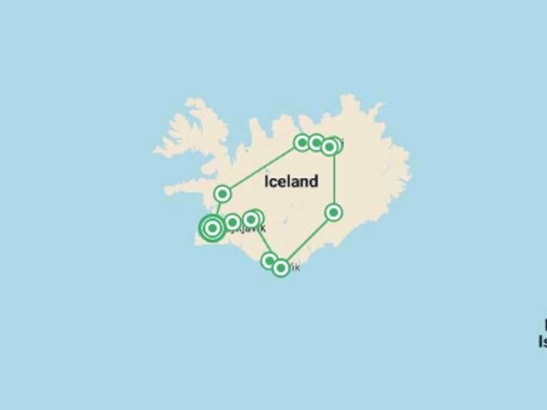 Map of a Glaciers Tour with 7 destination visits for the trip: Iceland Circle - 8 Days