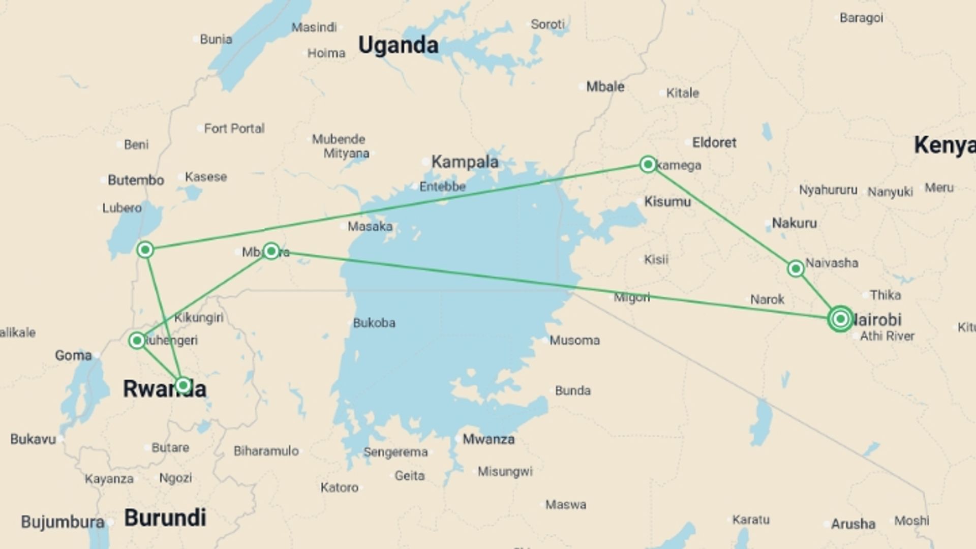 A map showing the tour itinerary for the trip: Nairobi To Nairobi (20 Days) Gorillas & Gameparks, starting in Nairobi, Kenya and ending in Nairobi, Kenya going through 6 other destinations.