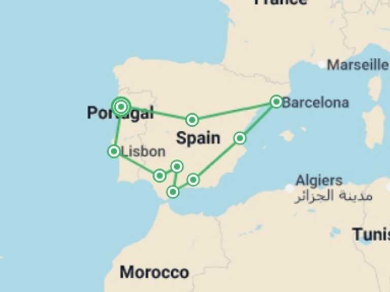Map of Europe Tour with 9 destination visits for the trip: Porto to Costa del Sol & Barcelona - 15 days