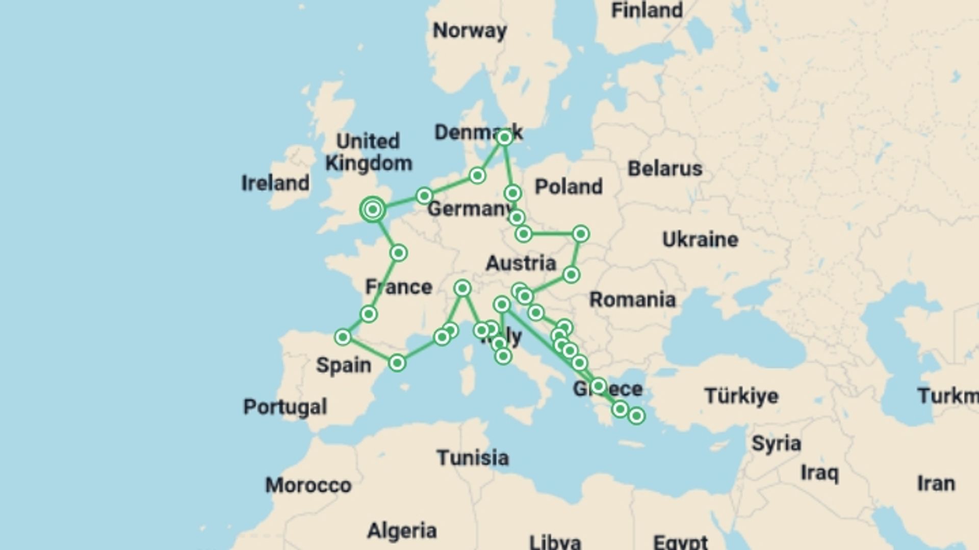 A map showing the tour itinerary for the trip: Get Social: Mega European, starting in London, England and ending in London, England going through 20 other destinations.